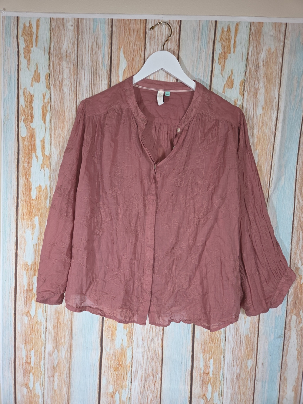 Pilcro Relaxed Button-Front Sheer Oversized Tunic in Dusty Rose. Plus Size 1x